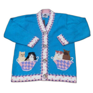 HSN Storybook Knits Cats Kittens Embroidered Blue Sweater Women's Size Medium